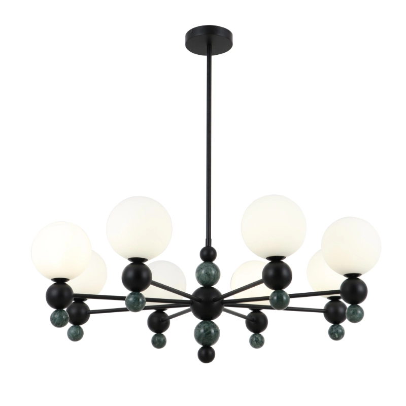 Candelabru glob de sticlă modern, cu 8 lumini, cu accente de marmură verde