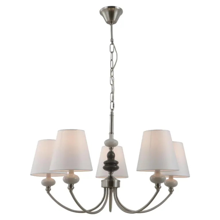 Satin Nichel 5 Lights Candelabru ceramică cu nuanțe de țesătură conică albă